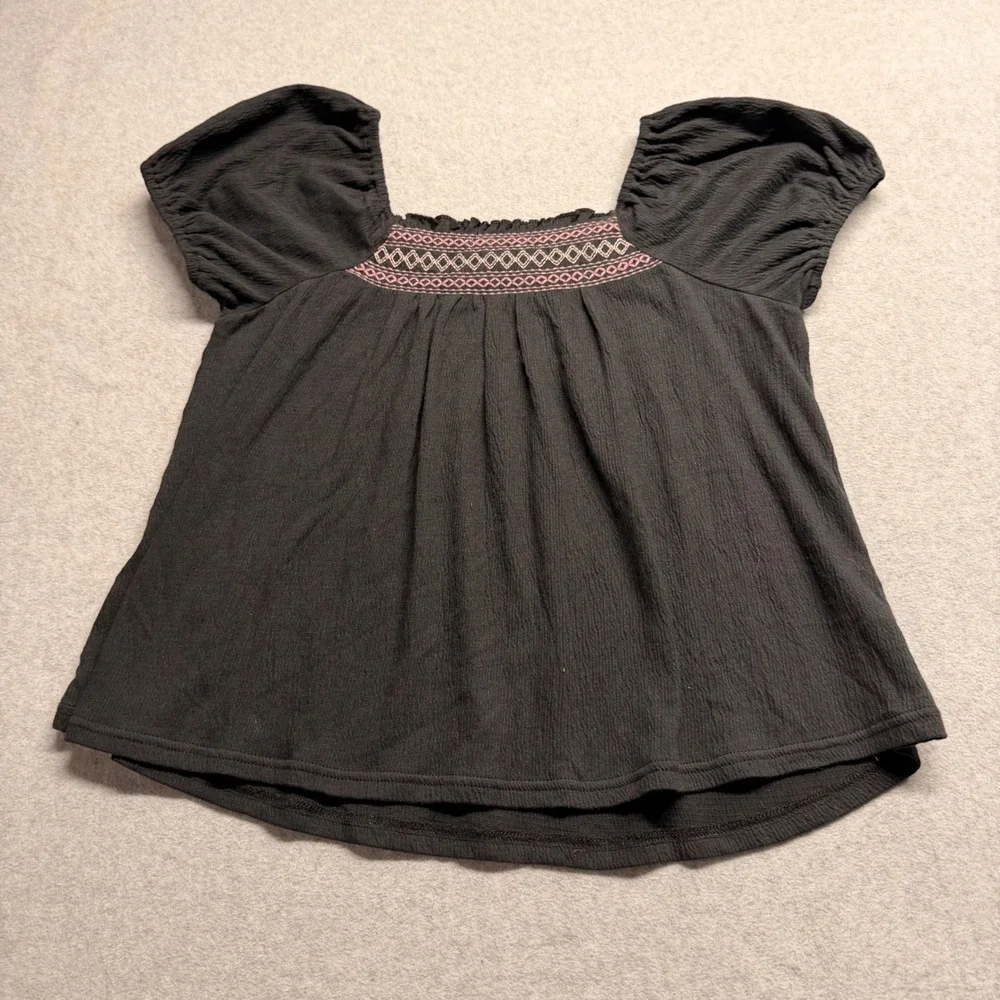 Madewell‎ Smocked Puff Sleeve Top Black Pink Embroidered Gauze Blouse Small